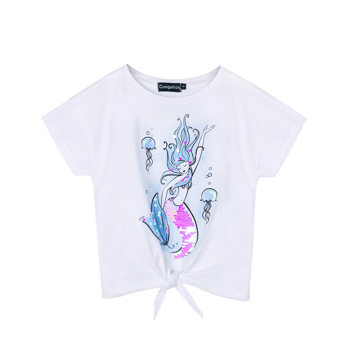 CAMISETA CONGUITOS NIÑA SIRENA BLANCO-LENTEJUELAS CON NUDO